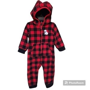 Carter's Baby Fleece Jumpsuit Buffalo Plaid Hooded Zip-Up Size 12M